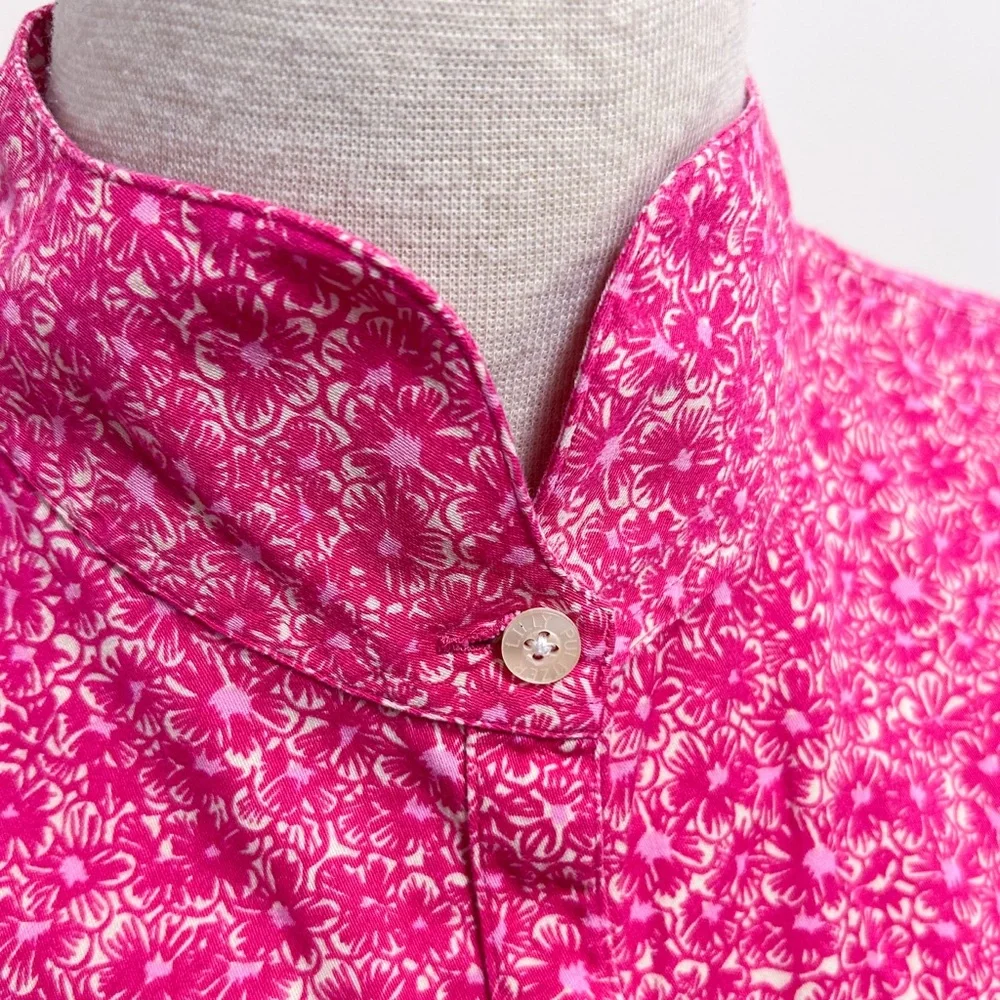 Lilly Pulitzer Pink Ivory Floral High V Neck Collar Button Up 3/4 Sleeve Blouse
